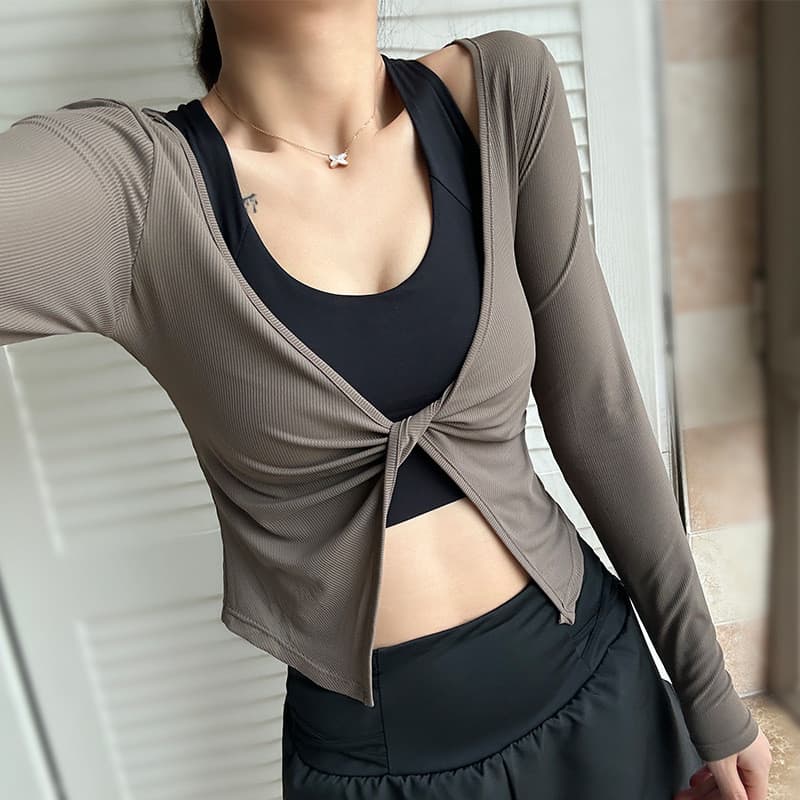 Blusa de fitness com decote em V de manga comprida roupas de fitness feminino treinamento topos cobrir seios correndo ca