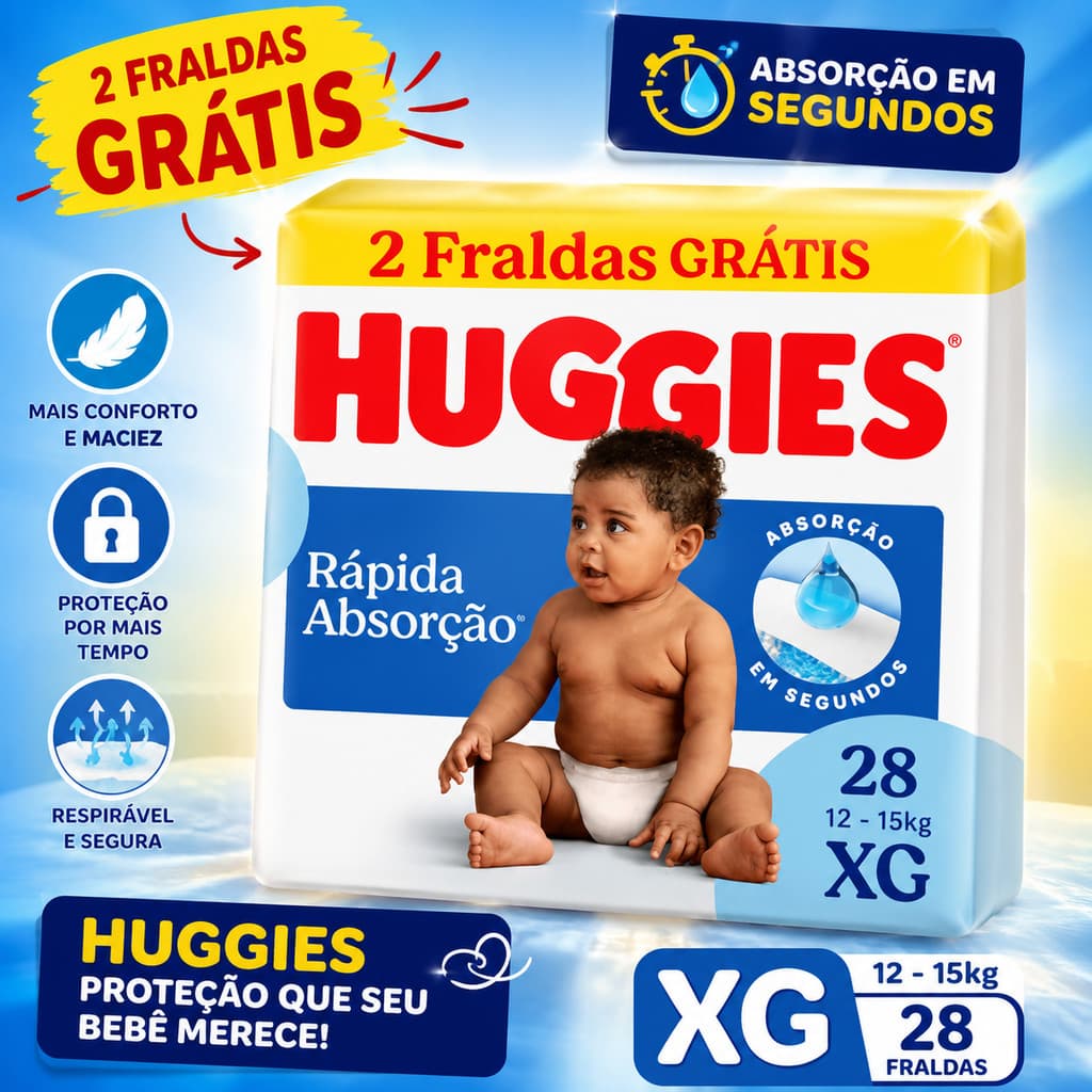 Fralda Huggies Rápida Absorção Tamanho XG 28 Unds 12 - 15 Kg