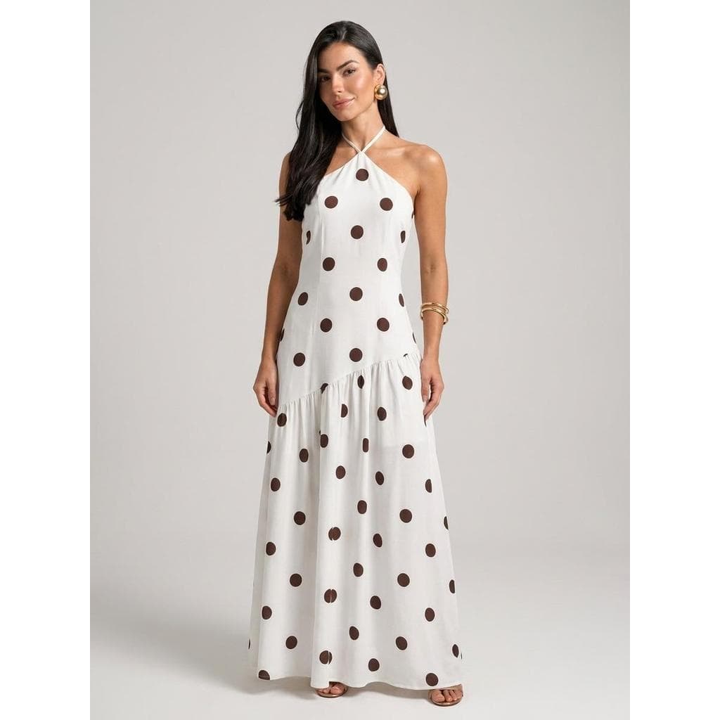 Vestido Longo Feminino Alcinha Moda Poá Vestido Feminino Alcinha