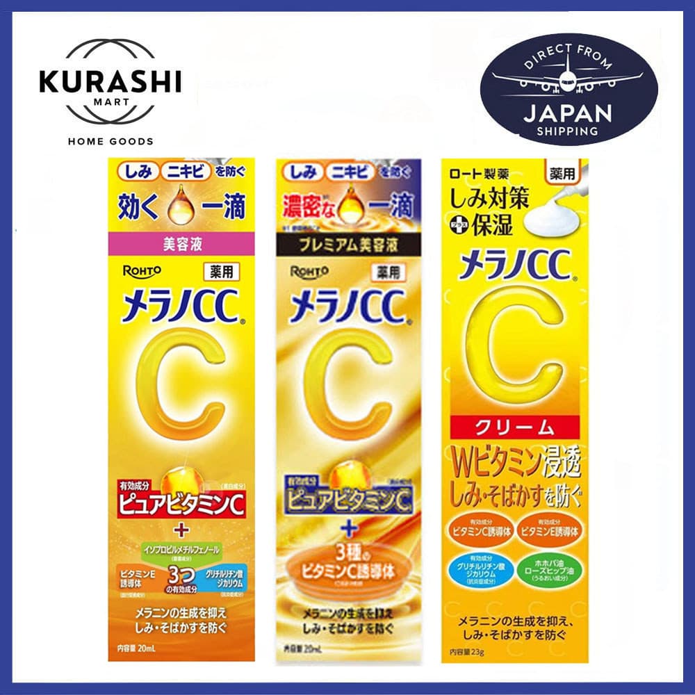 Sérum Clareador e Anti-Manchas ROHTO Melano CC (20ml) e Creme com Vitamina C (23g) – Importado diretamente do Japão