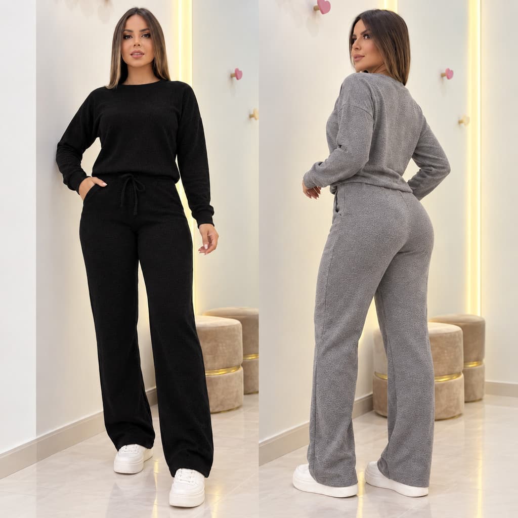 Conjunto Feminino Malha Canelada Comfort Premium Blusa de Frio Manga Longa e Calça Pantalona Moletom Outono Inverno