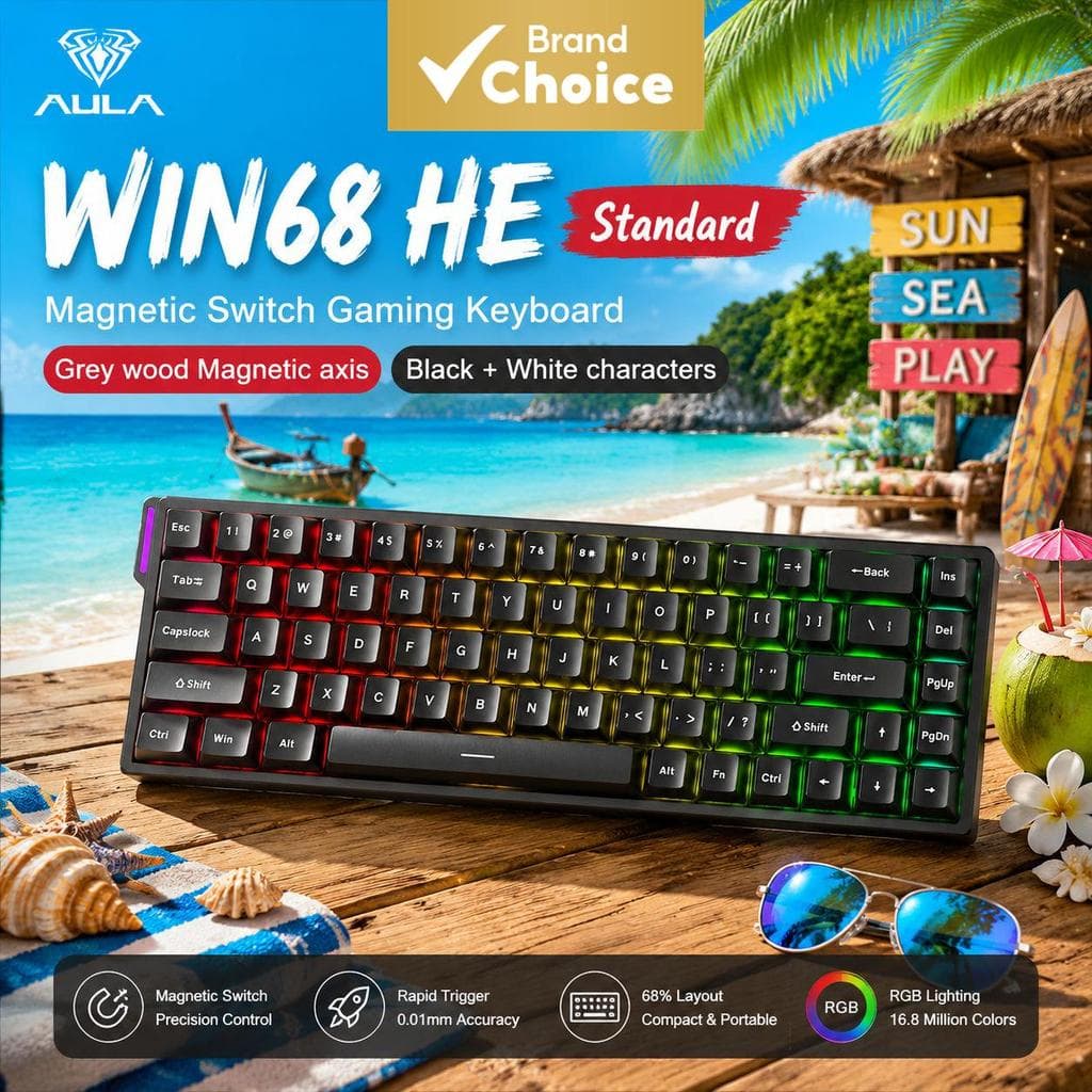 Teclado Mecânico com Fio AULA WIN68 HE, Efeito Hall, Gatilho Rápido, Atuação Ajustável, RGB, Cinza, Interruptor de