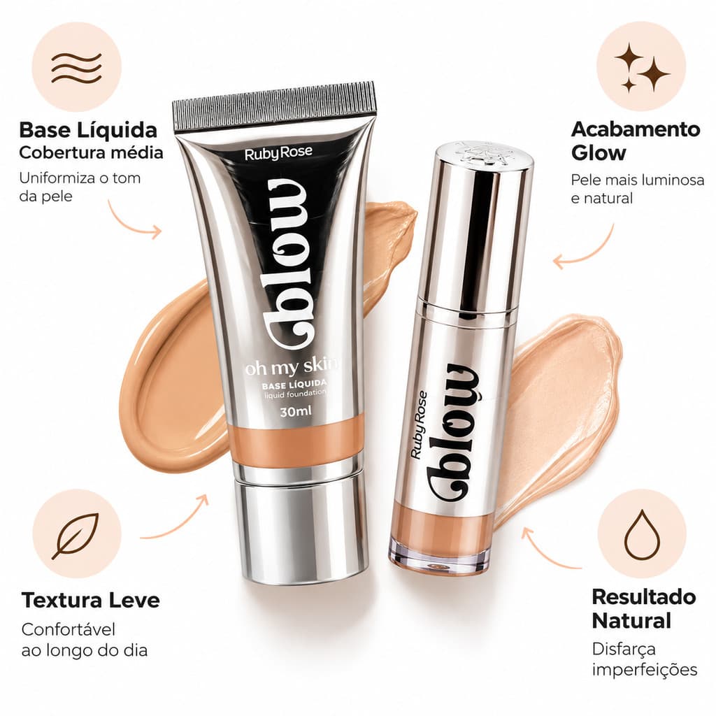 Kit 2 Peças Ruby Rose Oh My Skin Base Líquida e Corretivo Maquiagem Facial Glow
