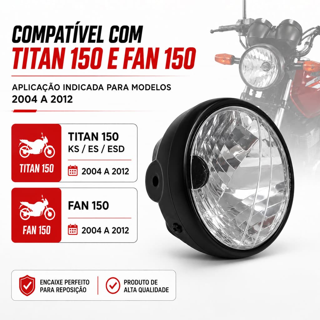 	Farol Titan 150 KS ES ESD 2004 a 2012 Completo Moto Bloco Óptico Carcaça Trava Parafusos Sem Lâmpada