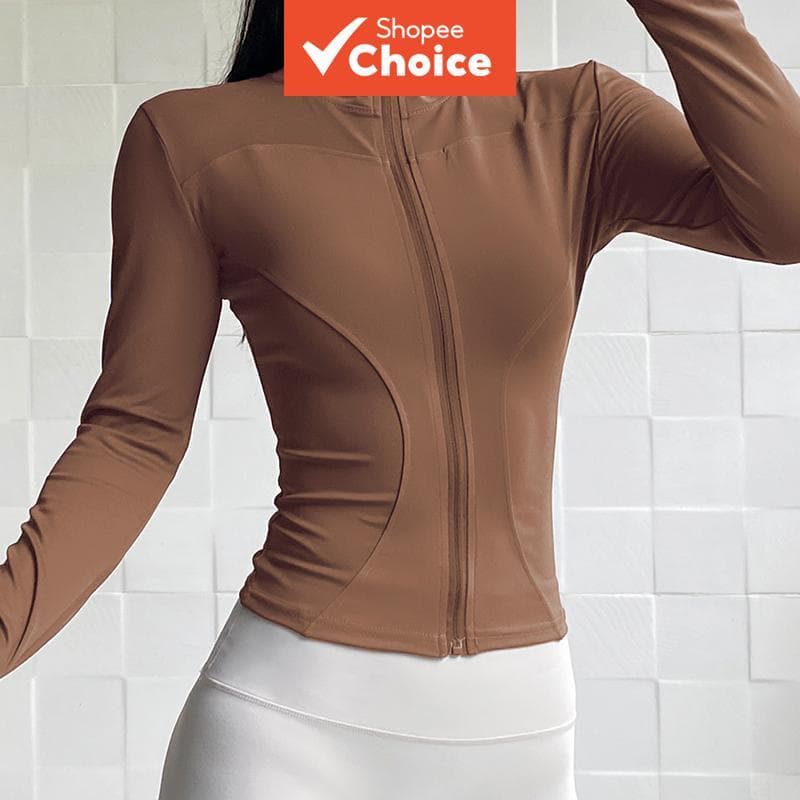Top Feminino De Ioga : Manga Comprida , Zíper Completo , Secagem Rápida , Roupa De Fitness De Alta Elasticidade