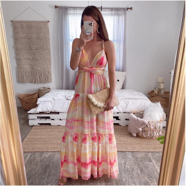 Vestido sem costas2025 verão novo estilo feminino gradiente profundo V vestido estilingue Halter vestido longo Irregular