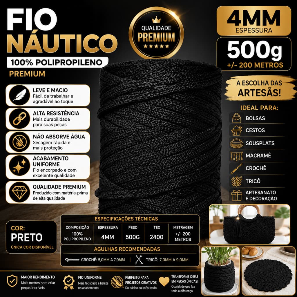 Barbante Fio Náutico Preto 4mm 500g Premium | Ideal para Crochê, Bolsas, Cestos Organizadores, Sousplat e Decoração