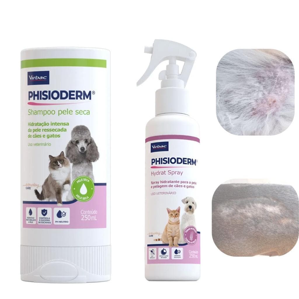 Kit Phisioderm Shampoo Pele Seca e Hydrat Spray 250ml Para Cachorro e Gatos