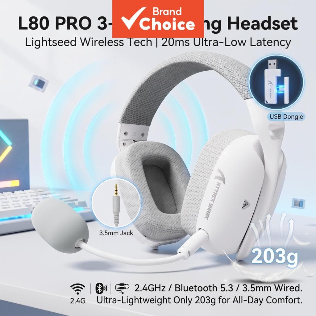 Attack Shark L80PRO 3 Em 1 Fones De Ouvido Para Jogos Fone Lightseed Tecnologia Sem Fio 2.4G Bluetooth5.3 3.5 Mm Com 20 