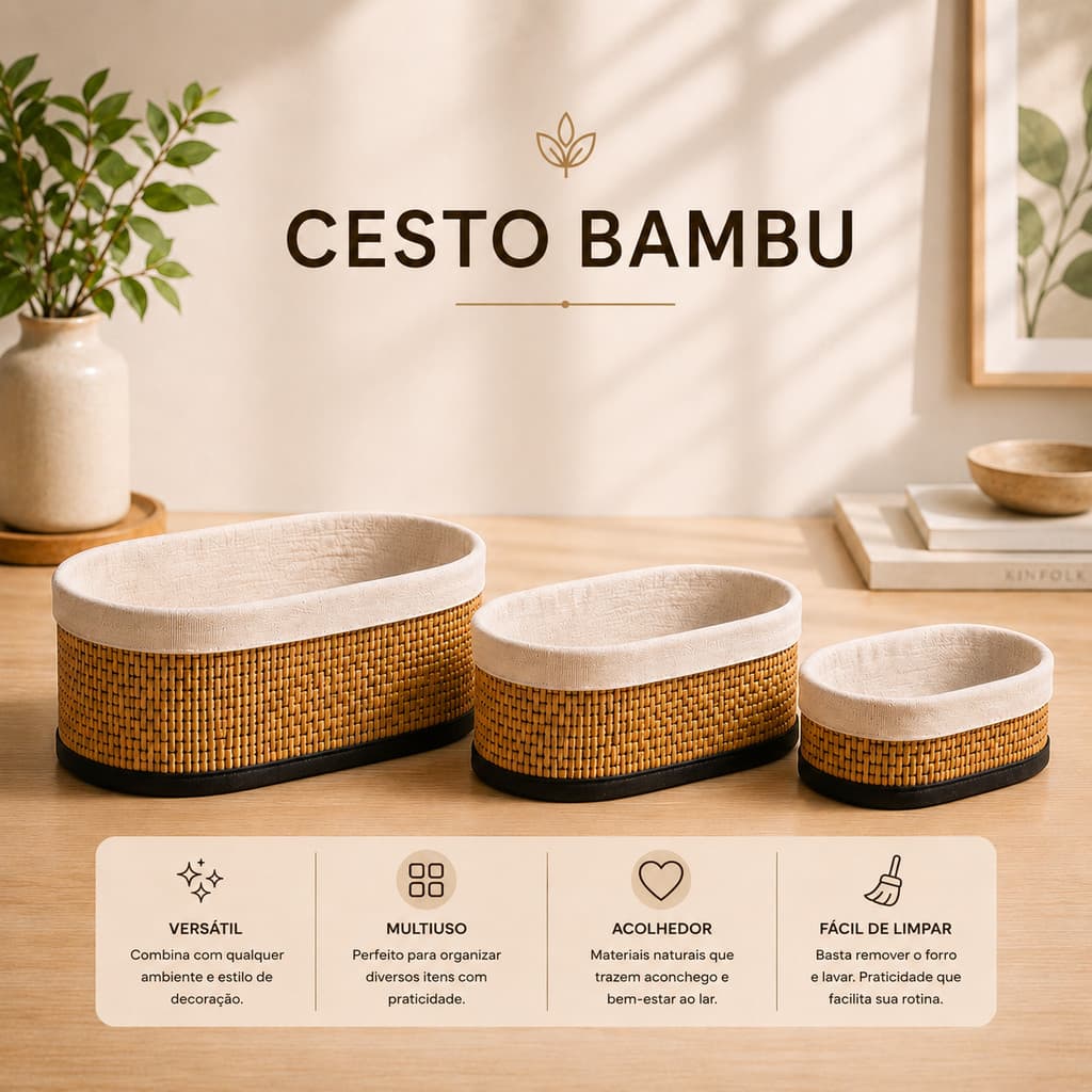 Kit Cestos Organizador Bambu Multiuso com Forro Banheiro Lavanderia Decoração Cosmeticos 3 Tamanhos Pequeno Grande Preto