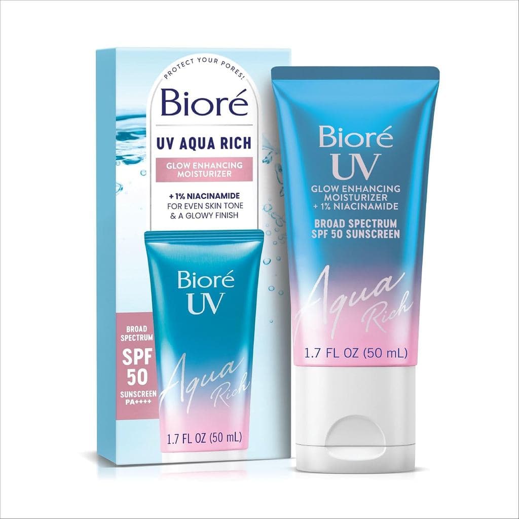 Bioré UVAqua Rich Glow Enhancing Glow Moisturizer (com protetor solar), Hidratante Diário (com protetor solar FPS50), Pr