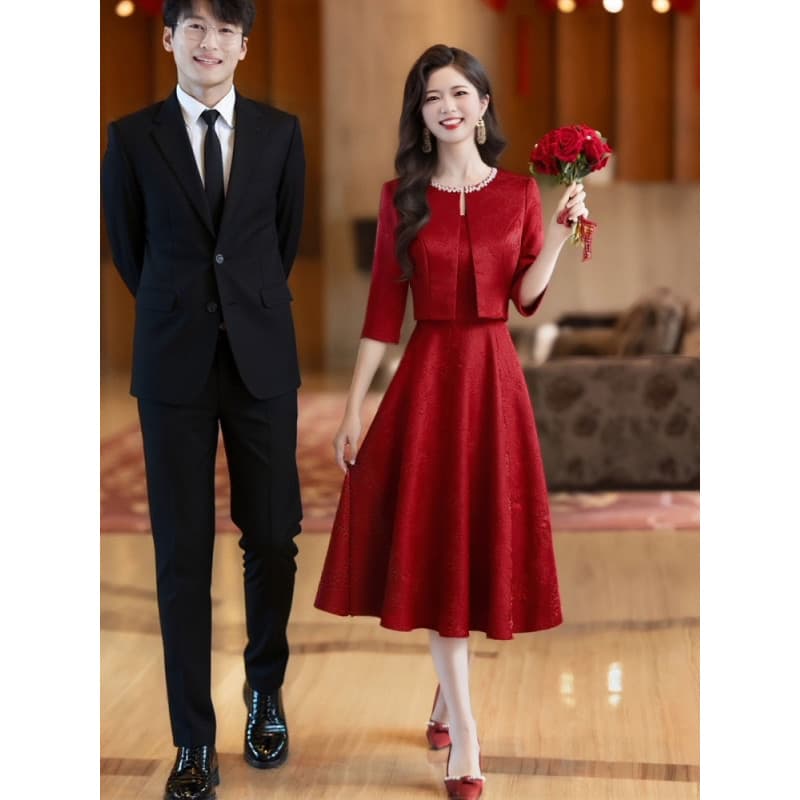 Novo estilo chinês High-End brinde vestido noiva vermelho vestido de noivado saia vestido de casamento feminino saia mai