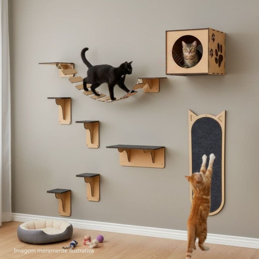 Playground Para Gatos 8 PEÇAS MDF Nicho Casinha Arranhador Ponte Prateleira Parede Kit Completo Pet