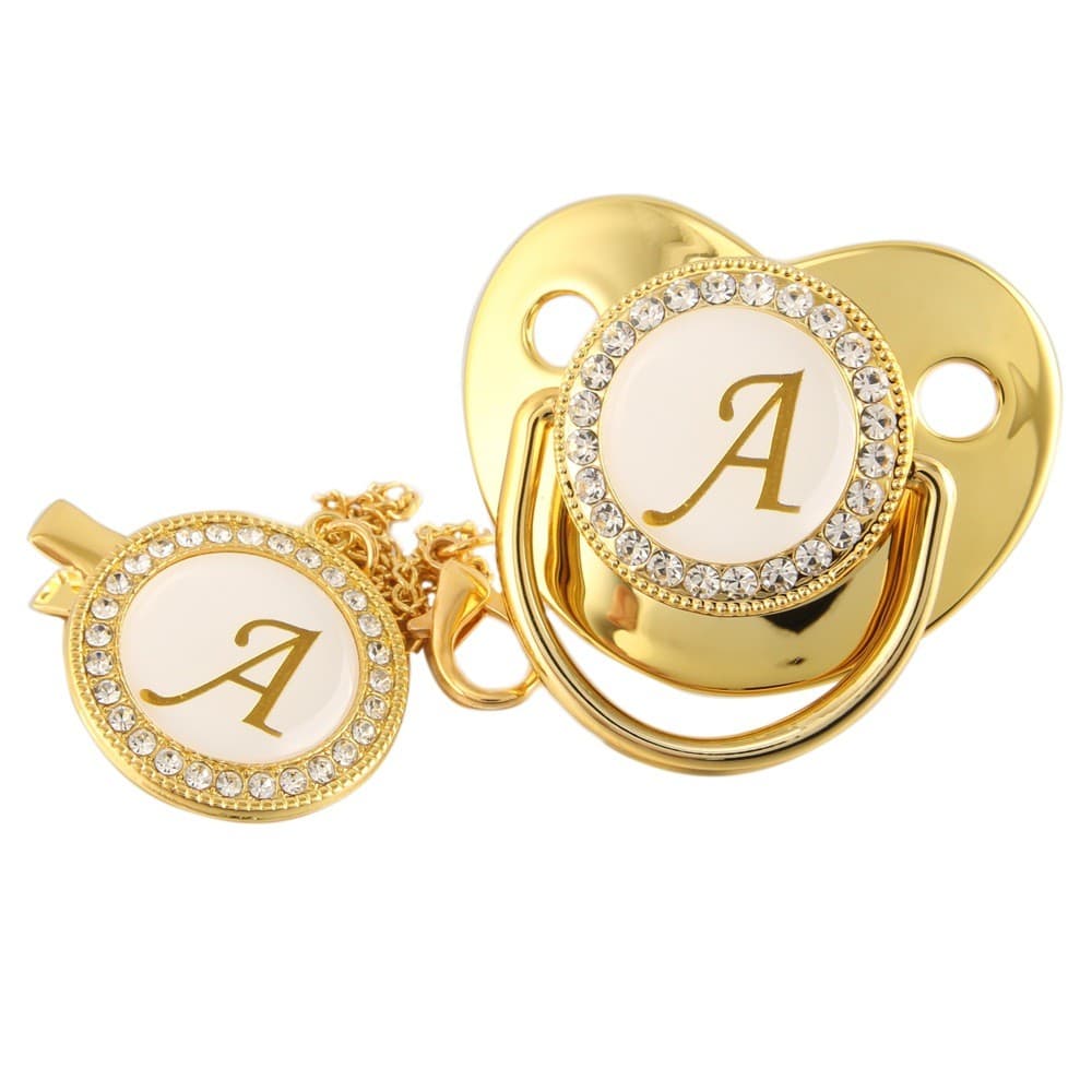 Chupeta dourada com diamantes, 26 letras, chupeta para bebês com corrente e prendedor LZ9K