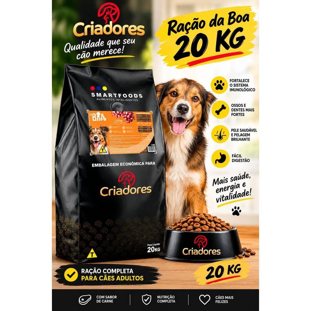 RAÇÃO PARA CACHORRO SUPER CRIADORES 20 KG DA BOA SABOR CARNE PARA CÃES ADULTOS PORTE MEDIO E GRANDE