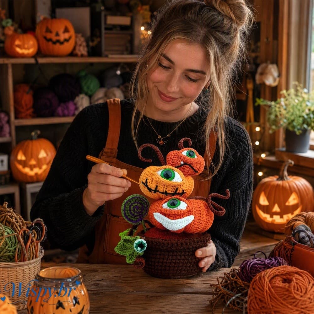 Kit Inicial De Crochê Halloween Abóbora Amigurumi DIY Plantador Mau Olhado Com Gancho De Fio Acessórios Completos