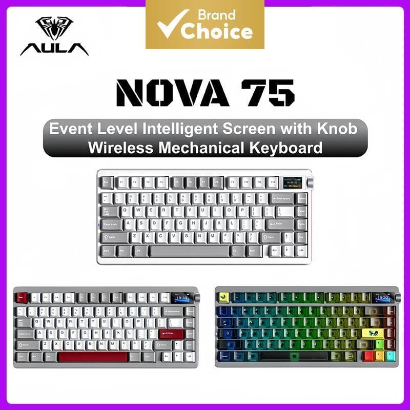 Teclado Mecânico Sem Fio AULA NOVA75 3 Modos BT 2.4G 75% Hot Swap RGB Teclado Gamer com Tela Inteligente e Knob para