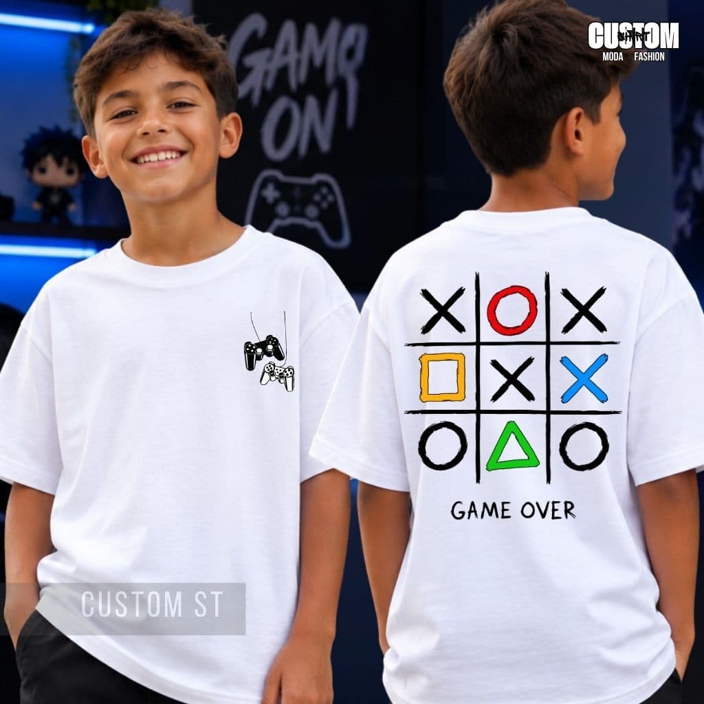 Camiseta Infantil Game Over Controle Gamer Video Game Jogos Kids Unissex 100% Algodão 