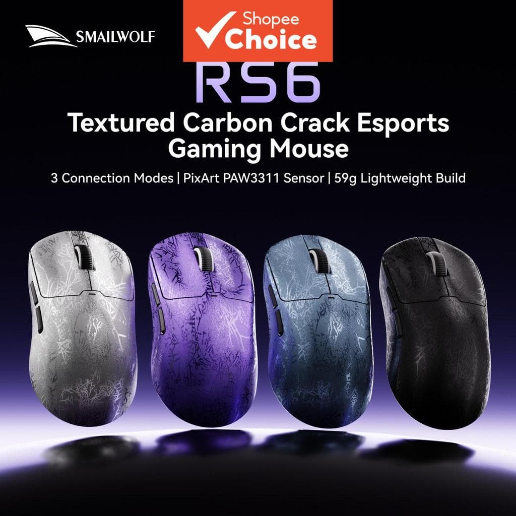 SMAILWOLF RS6 Mouse Gaming Tri-Modo, Mouse Sem Fio PAW3311 12000DPI, 59g, 500mAh recarregável