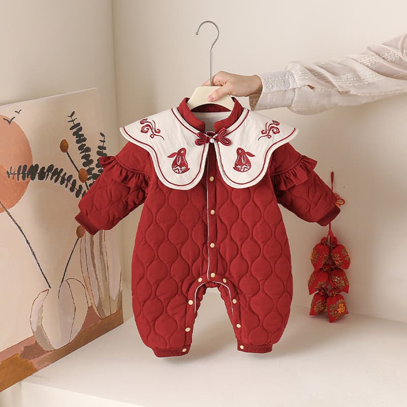 Roupas de bebê outono inverno roupas de bebê menina macacão de lã quente estilo chinês xale gola Outing roupas mês intei