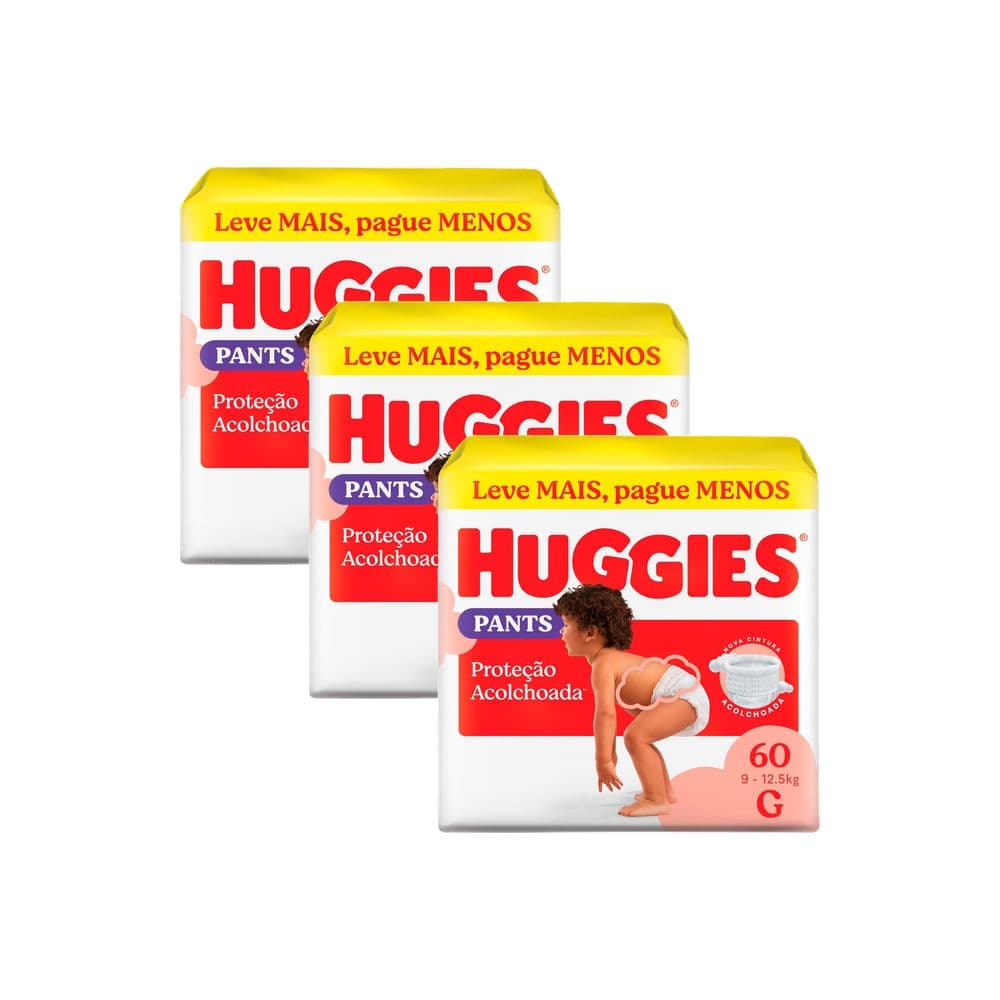 Kit 3 Fralda Huggies Pants Roupinha Proteção Acolchoada Tamanho G 60 Unidades Descartáveis