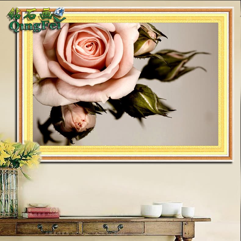Qingfei Jiaoyan rosa 5D pintura diamante ponto cruz redondo diamante sala de estar diamante ponto diamante quarto pequen