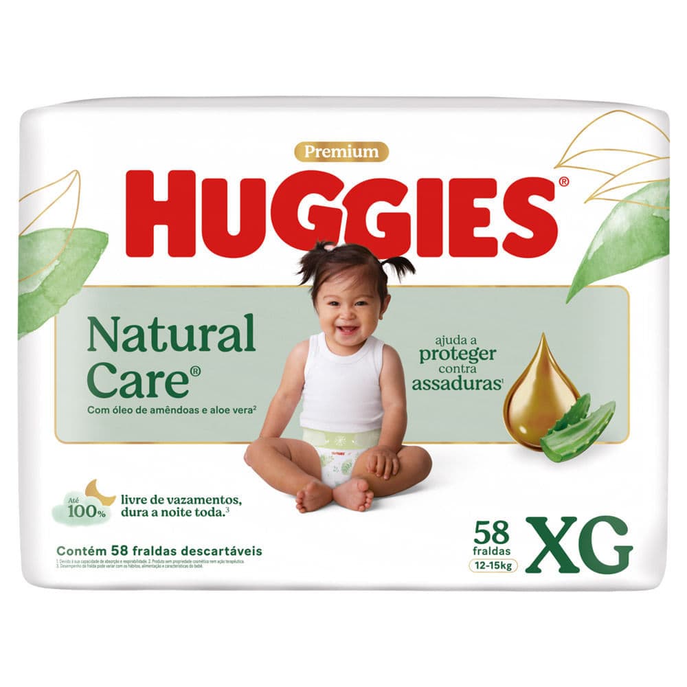 Fralda Huggies Premium Natural Care Tamanho XG 58 Unidades Descartáveis