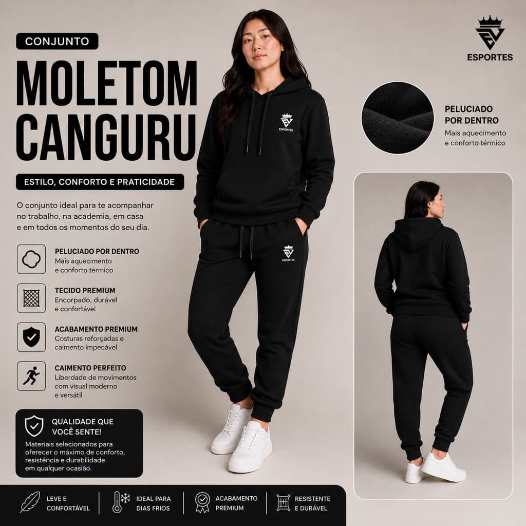 Conjunto 2 peças Moletom Feminino Peluciada Blusa Com Capuz e Calça Inverno Casual