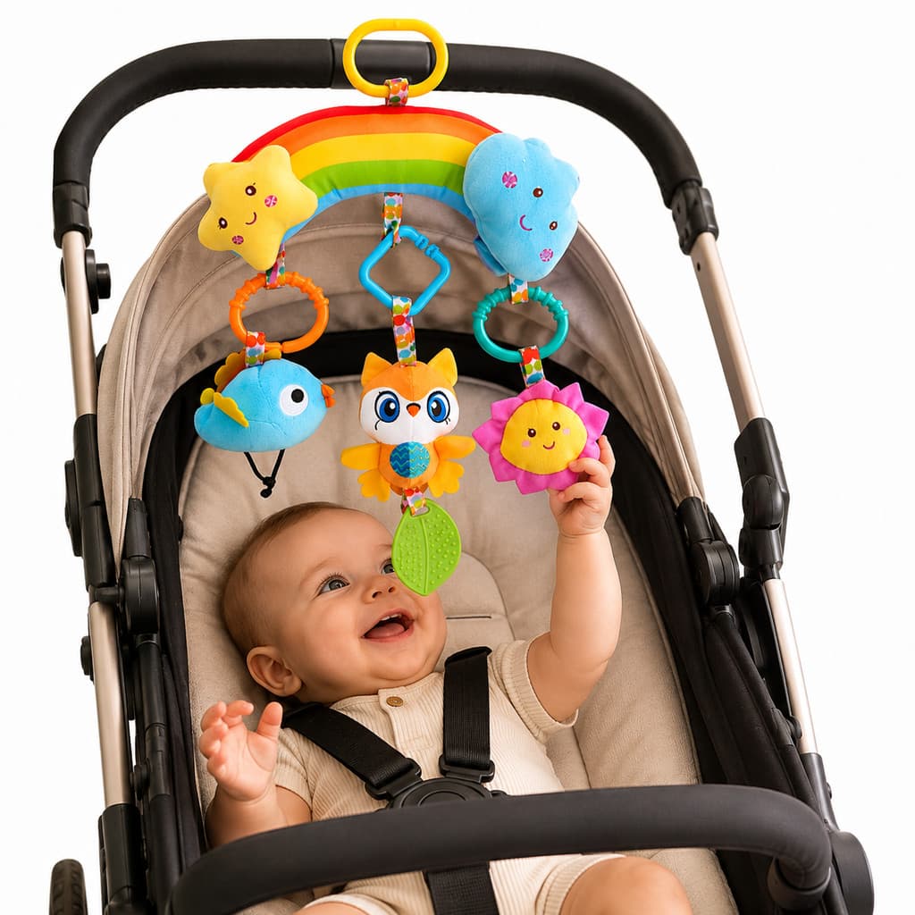 Móbile de Atividades para Bebê com Mordedor e Chocalhos – Brinquedo Sensorial para Carrinho, Bebê Conforto e Berço