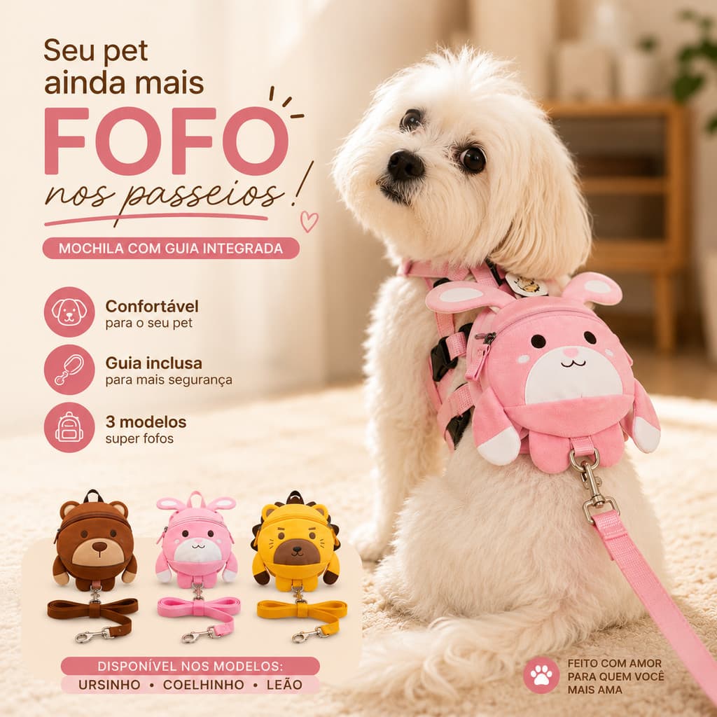 Mochila Coleira com Guia Pet para Cães e Gatos