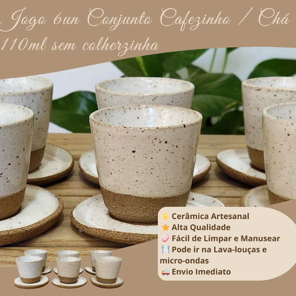 Copinho + Pires 6un Conjunto Cafezinho / Chá 110ml em Cerâmica Artesanal Orgânica /Luxo / Retro/Café