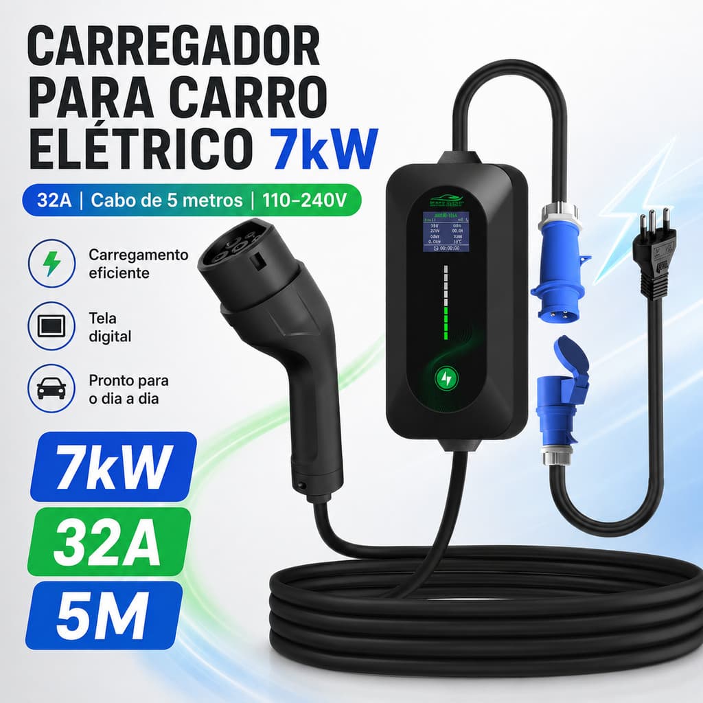 Carregador Veicular Elétrico 32A 7kW Tipo 1 J1772 Cabo 5m 110-240V Display Digital Portátil