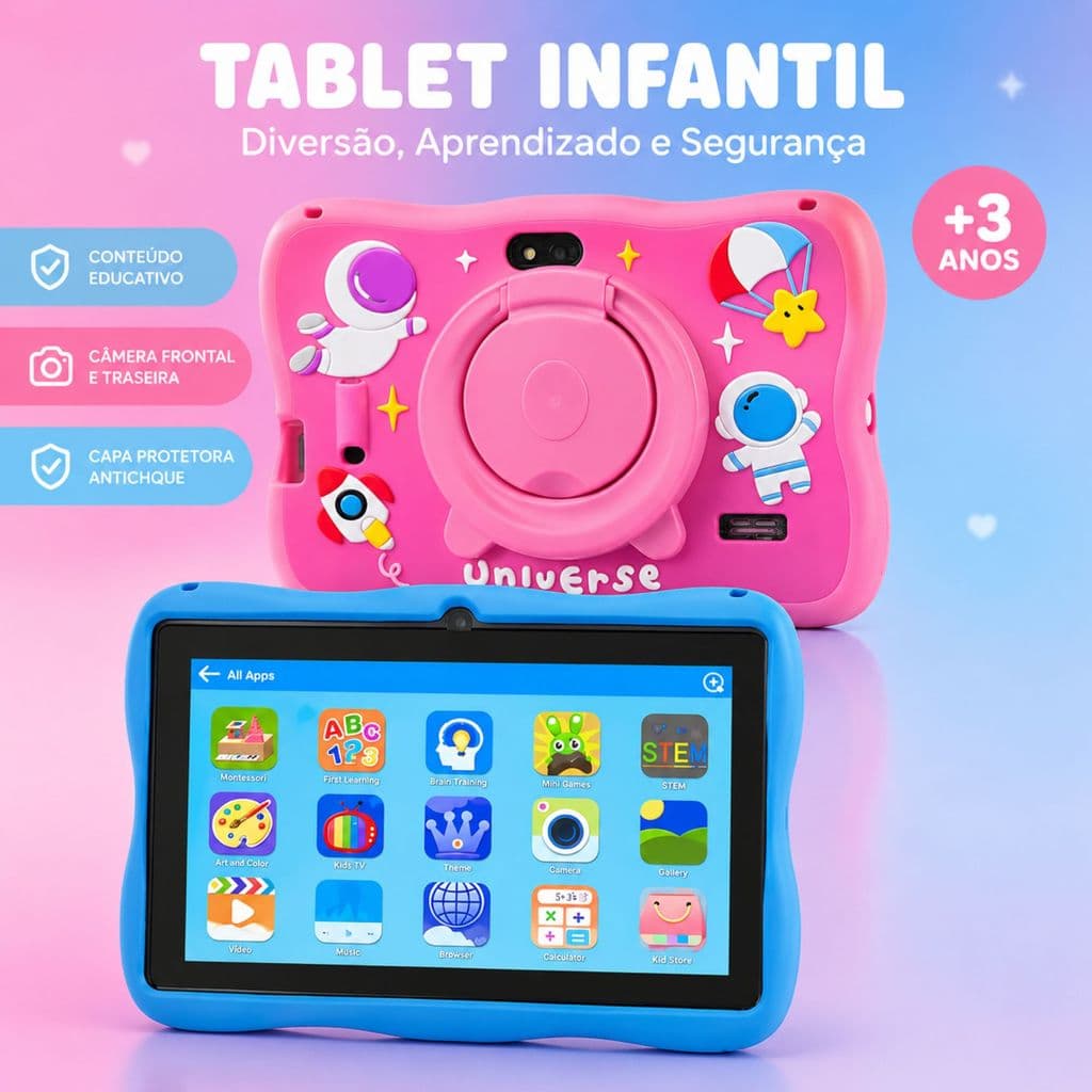 Tablet Infantil astronauta 7" 64gb Armazenamento 4 GB RAM Android Azul Rosa Com Capa Protetora