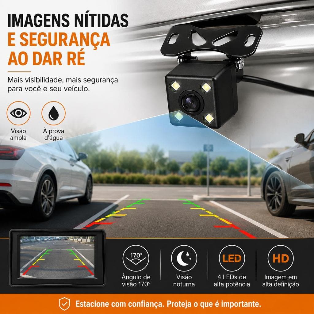 Câmera De Carro Automotiva Universal Frontal Traseira 4 LEDs Visão Ampla