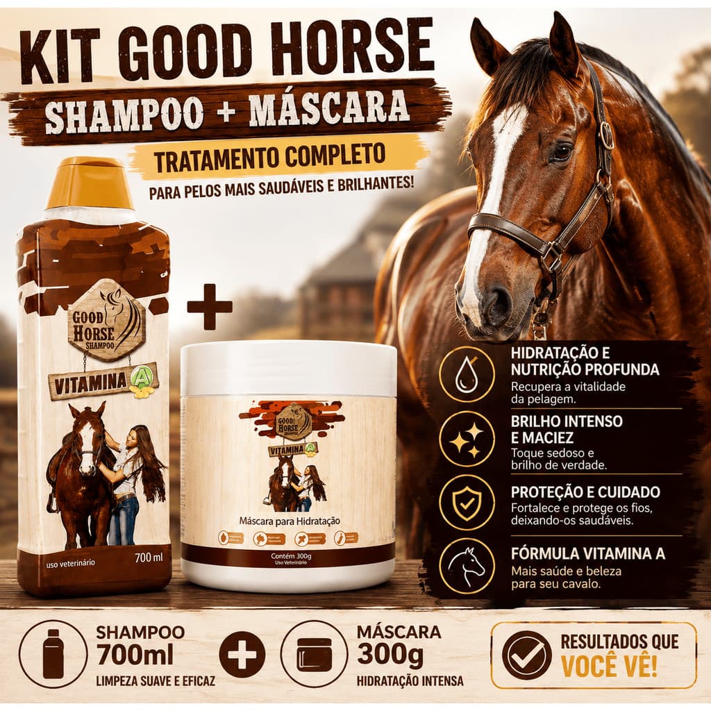 Shampoo + Máscara para Cavalo Good Horse Vitamina A Kit Hidratação Nutrição Maciez Brilho e Fortalecimento