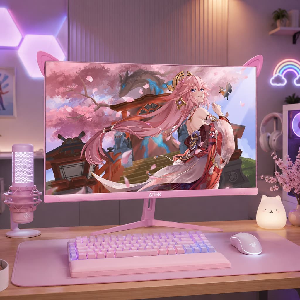 Monitor Rosa 24 Polegadas Gamer RGB com Orelhas Full HD 200Hz 1ms AMD FreeSync Aitek Delta-M2413RA