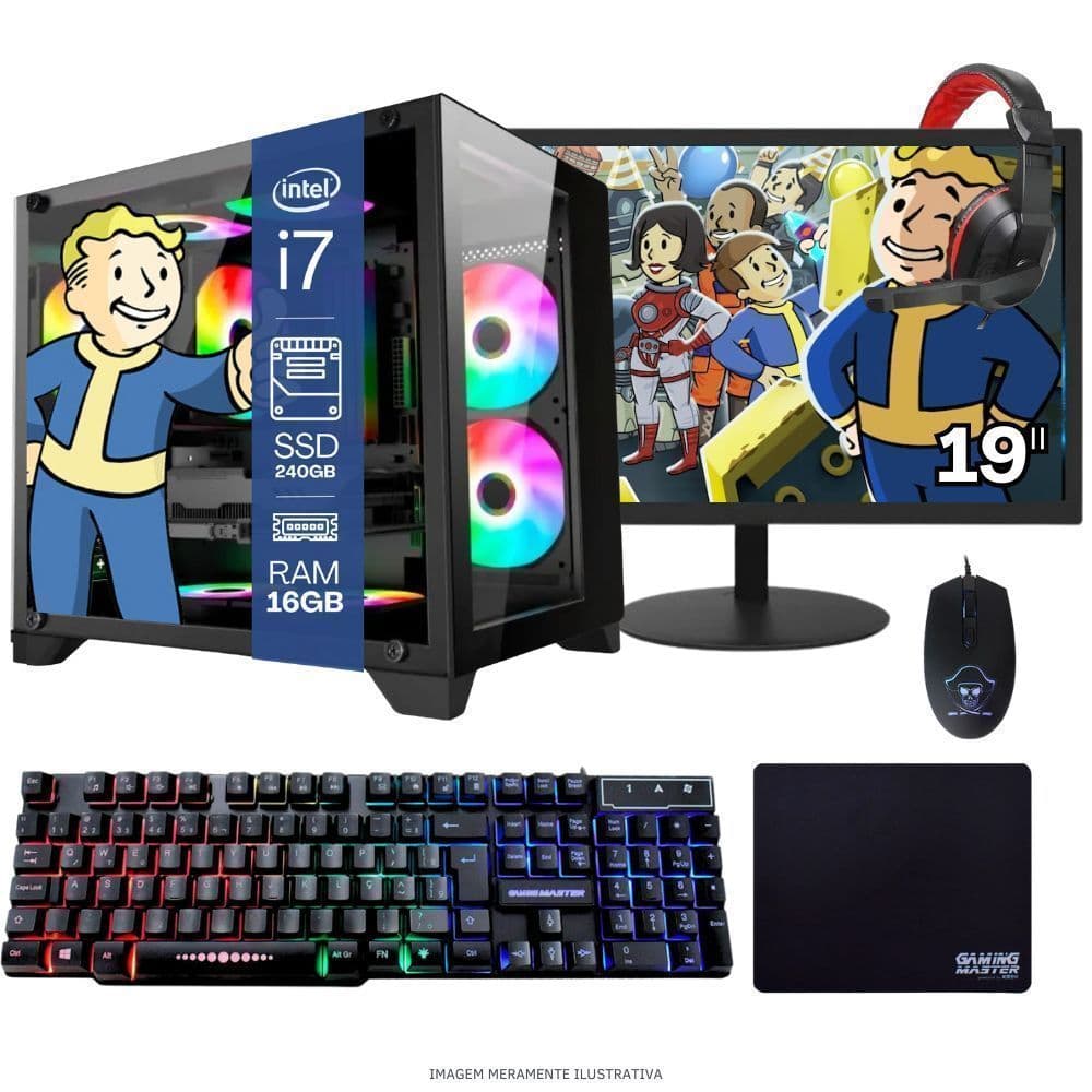 Computador PC Gamer  TOB   i7  240GB 16GB   Kit Gamer e Headset Gamer Monitor 19” Windows 10 Pro Trial