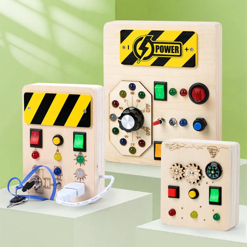 Novo produto brinquedos educativos infantis, interruptor de madeira, soquete de luz LED, placa ocupada, brinquedos de ma