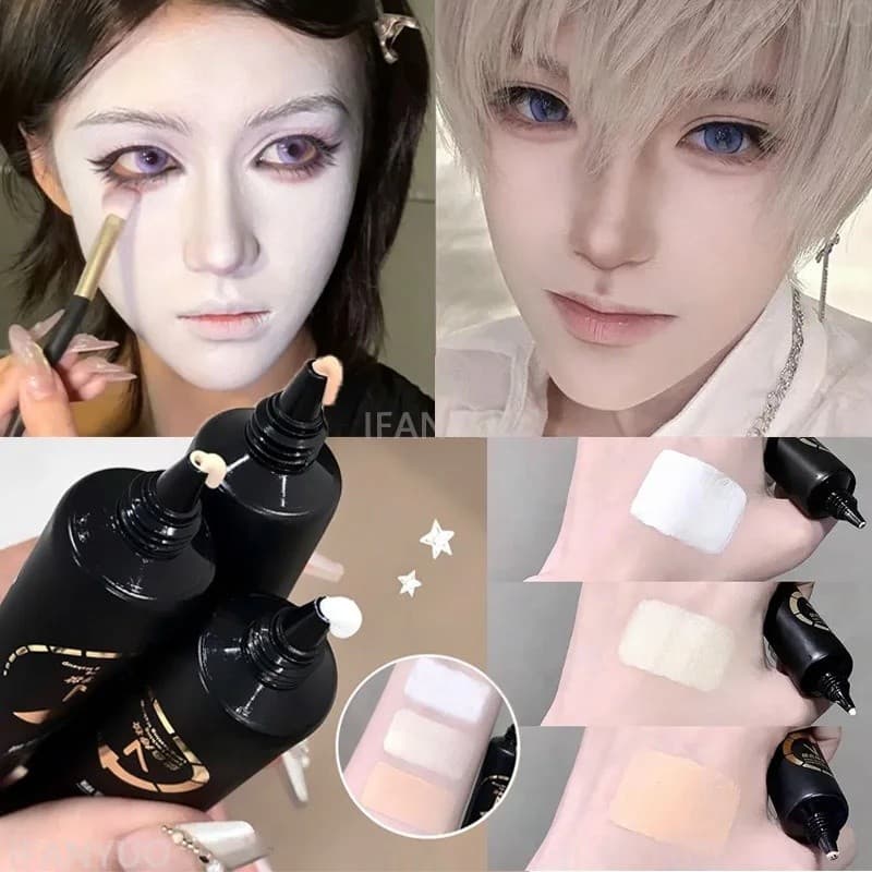Base líquida branca com acabamento mate, à prova d'água, de cobertura total, ideal para maquiagem de Halloween, cosplay 