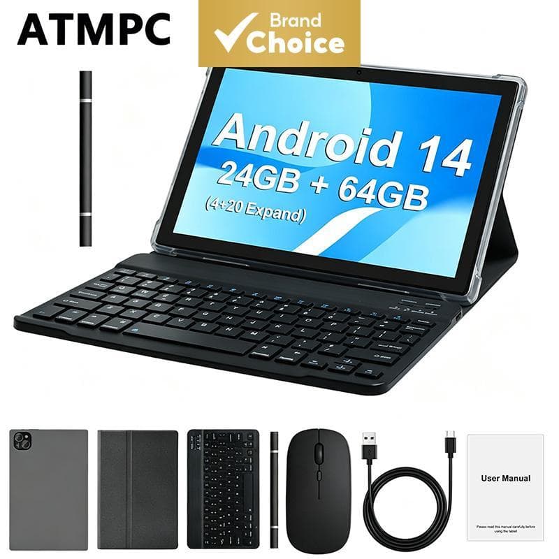 Tablet Android 14 de 10,1 polegadas ATMPC, 64GB de armazenamento, 24GB de RAM (4+20 expansível), tela IPS HD, acompanha