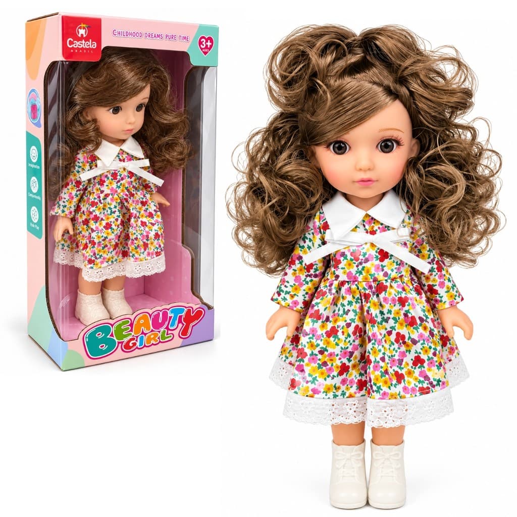 Boneca Infantil Beauty Girl Cabelo Castanho Vestido Florido Com Acessórios Articulada Brinquedo Menina - Castela