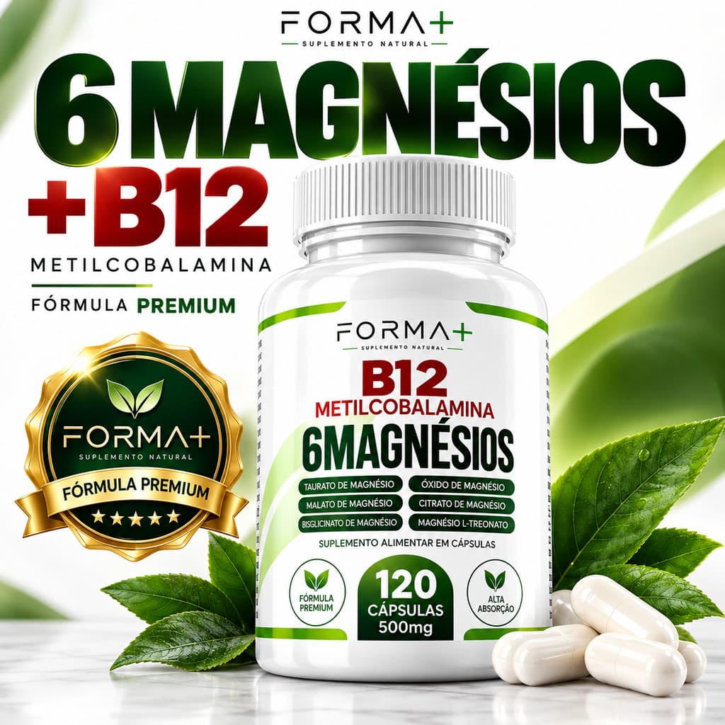 Magnésio 6 Tipos + Vitamina B12 Metilcobalamina 500mg – 120 Cápsulas | Suplemento Premium