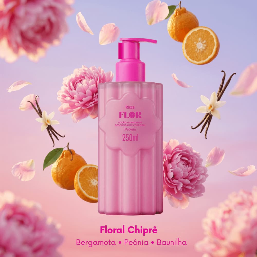Loção Hidratante Corporal Ricca Flor Peônia 250ml Deo Hidratante Ácido Hialurônico Niacinamida Ceramidas Karité