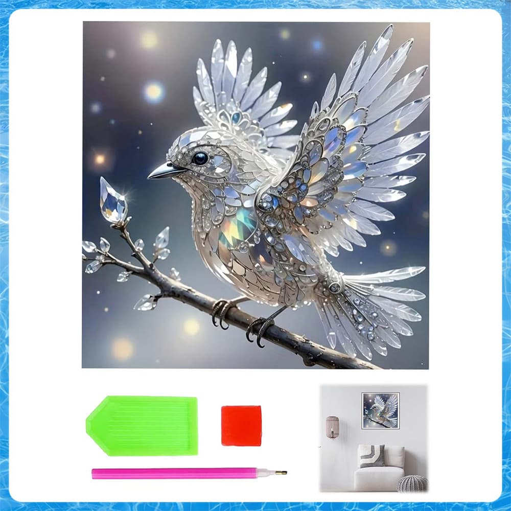 Pintura de Diamante 5D Tema Pássaro de Cristal 30x30cm – Adequado para Iniciantes, Alívio do Estresse, Relaxante