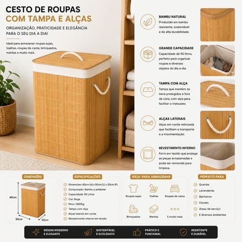 Cesto Roupas Organizador Tampa Alca Bambu Capacidade 50 Litros Casa Quarto Banheiro