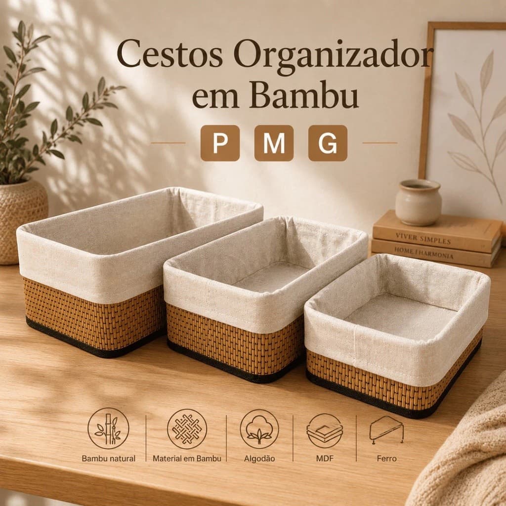 Cesto Organizador de Bambu com Forro Multiuso Decorativo para Lavanderia Banheiro Closet e Brinquedos