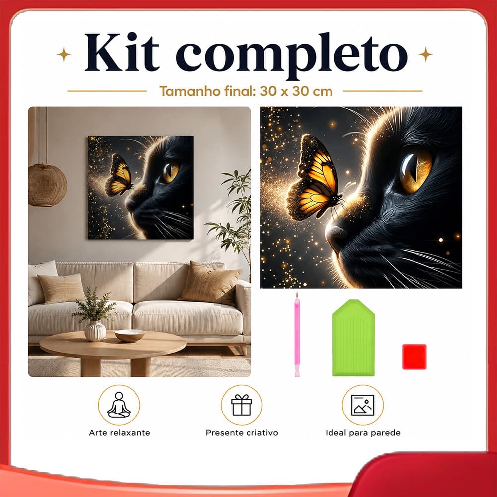 Conjunto de pintura diamante adulto 5D gato preto e borboleta 30x30cm adequado para decoração de parede, feito à mão