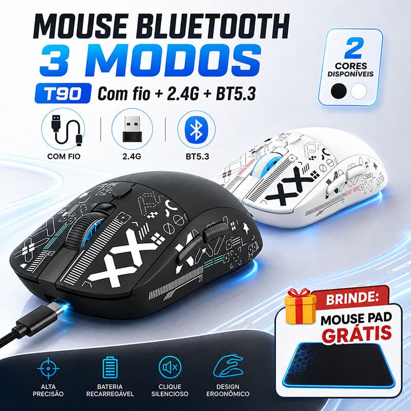 Mouse Sem Fio Bluetooth RGB 3600 DPI Recarregável Silencioso T90