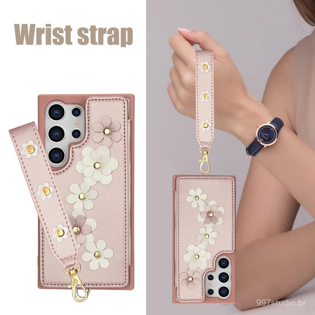 Adequado para capa de celular Samsung A56, capa de couro com alça transversal A16, capa de celular com cordão floral S25