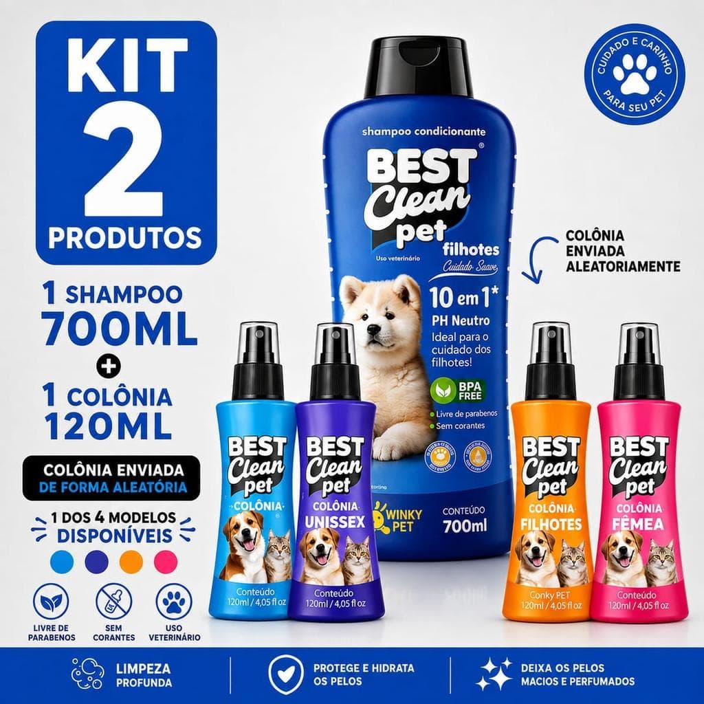 Kit Shampoo Condicionante Pet 10 em 1 700ml + Colônia 120ml para filhotes - PH neutro, sem parabenos